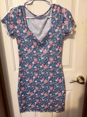 Blue Floral V-Neck Bodycon Dress with Pink Roses